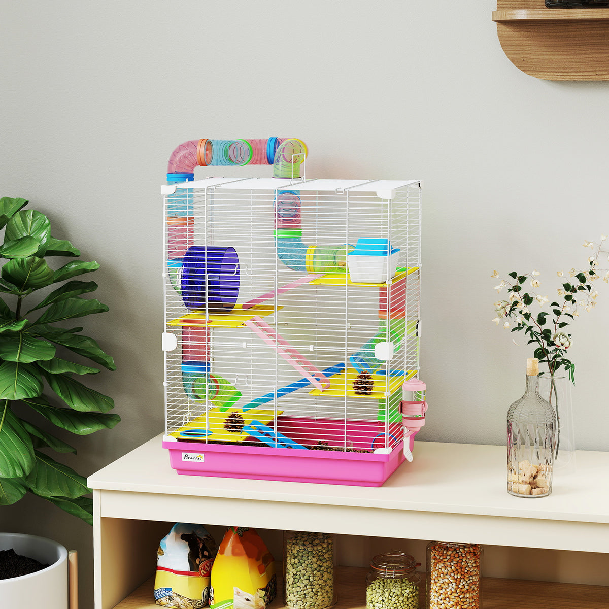 Cage pour Hamster Rongeur 5 Étages avec Tunnels, Mangeoire, Roue, Maison, Échelles, 46 x 30 x 58 cm, Rose