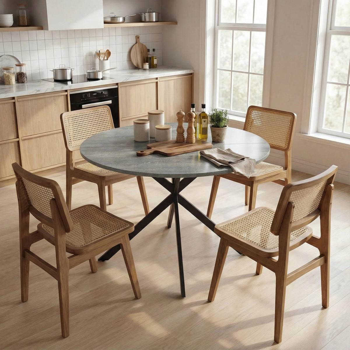 Table à Manger Ronde pour 4 Personnes 100 cm, Style Industriel avec Plateau Aspect Bois, Piètement Croisé en Acier, Gris