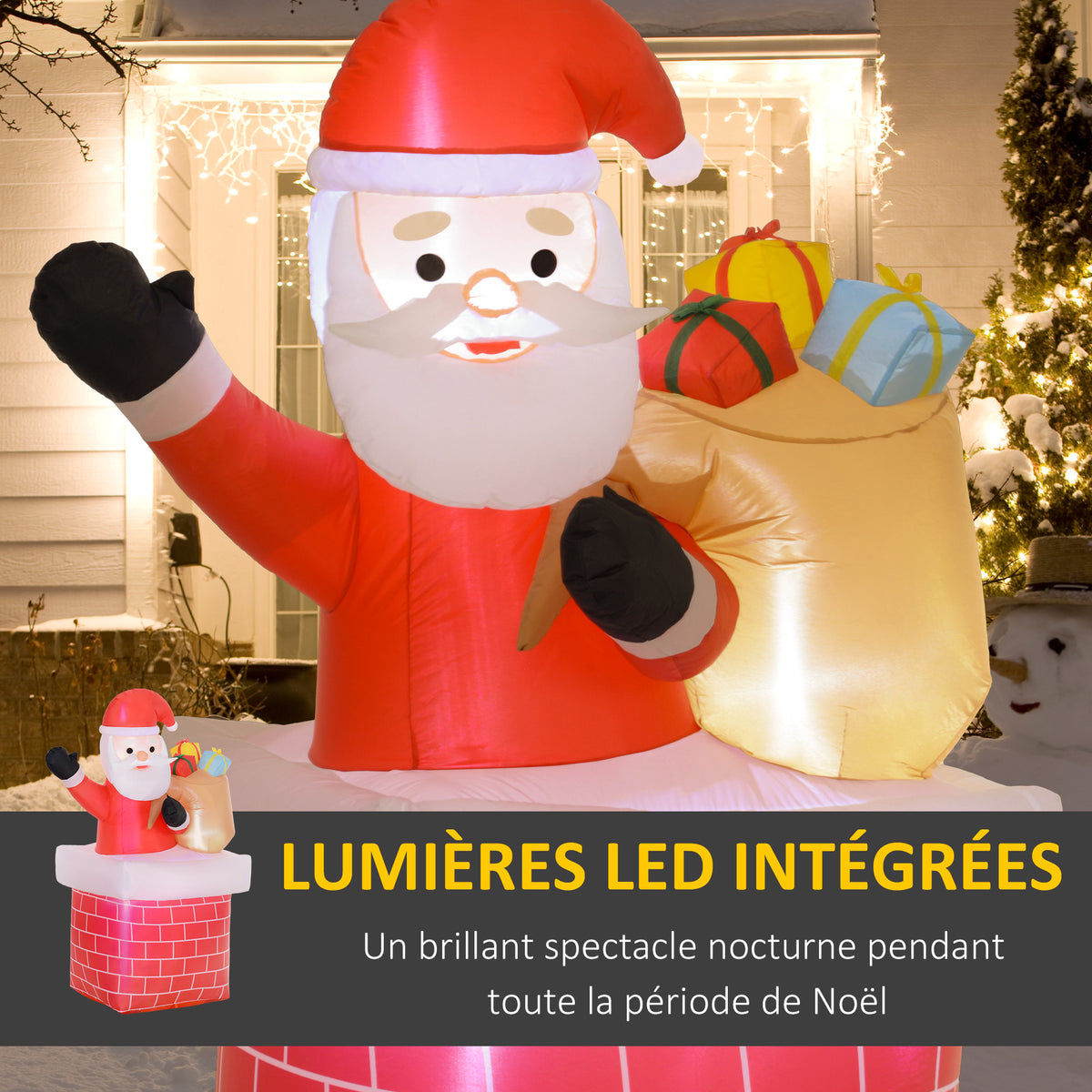 Père Noël gonflable décoration de Noël extérieur avec lumières LED sac de cadeau et la cheminée 130 x 82 x 195 cm rouge