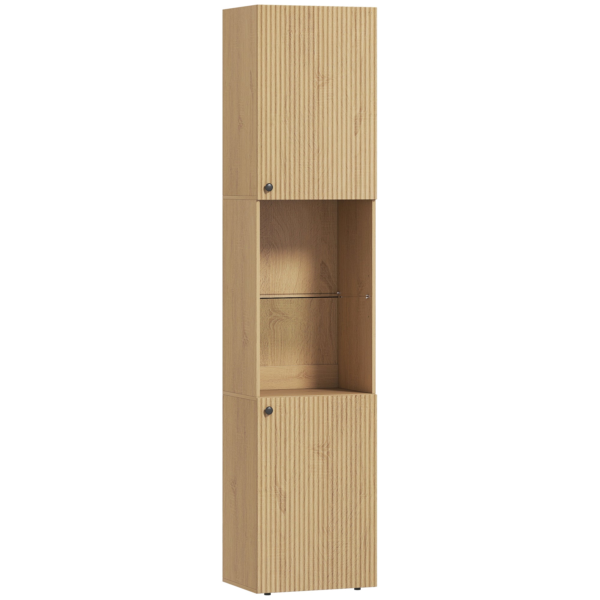 Armoire salle de bain haute, meuble de rangement colonne 6 niveaux 2 portes et étagères réglables, 40x31x182cm, chêne