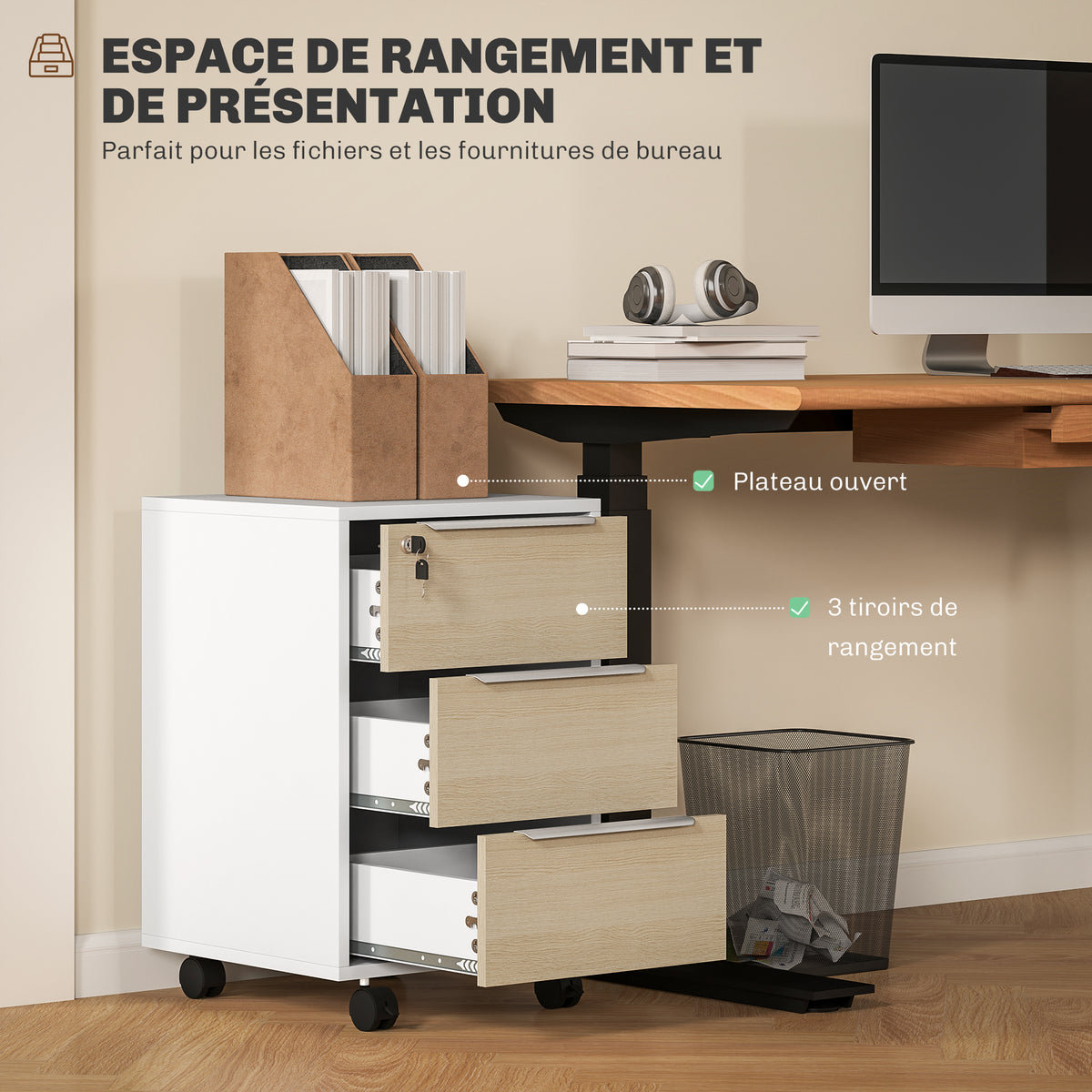 Cassettiera da ufficio con ruote a 3 cassetti e serratura, mobile contenitore da ufficio su ruote, 40 x 40 x 63,5 cm, rovere
