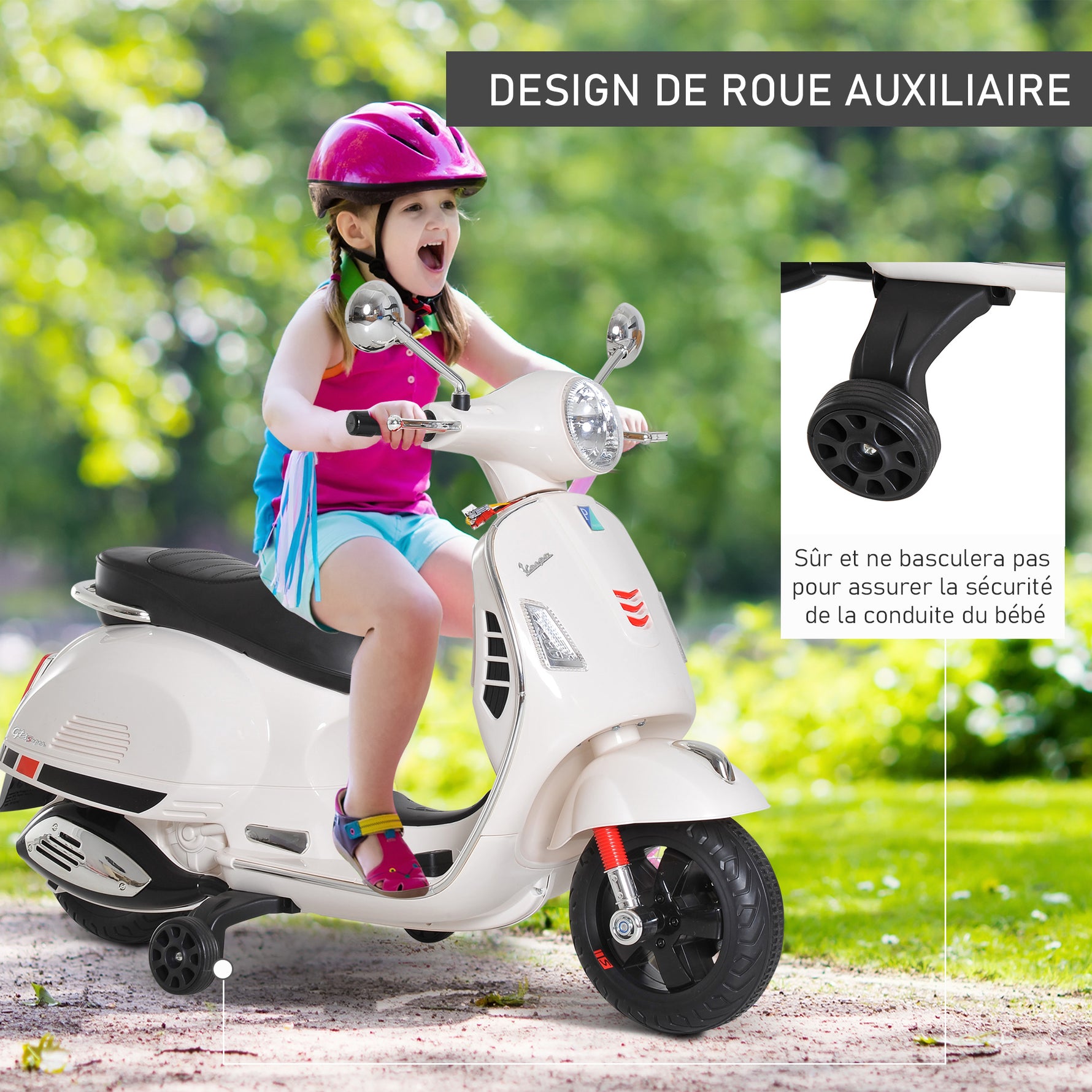 Vespa Scooter Moto électrique Enfants 6 V dim. 102L x 51l x 76H cm Musique MP3 Port USB klaxon Phare feu AR Blanc