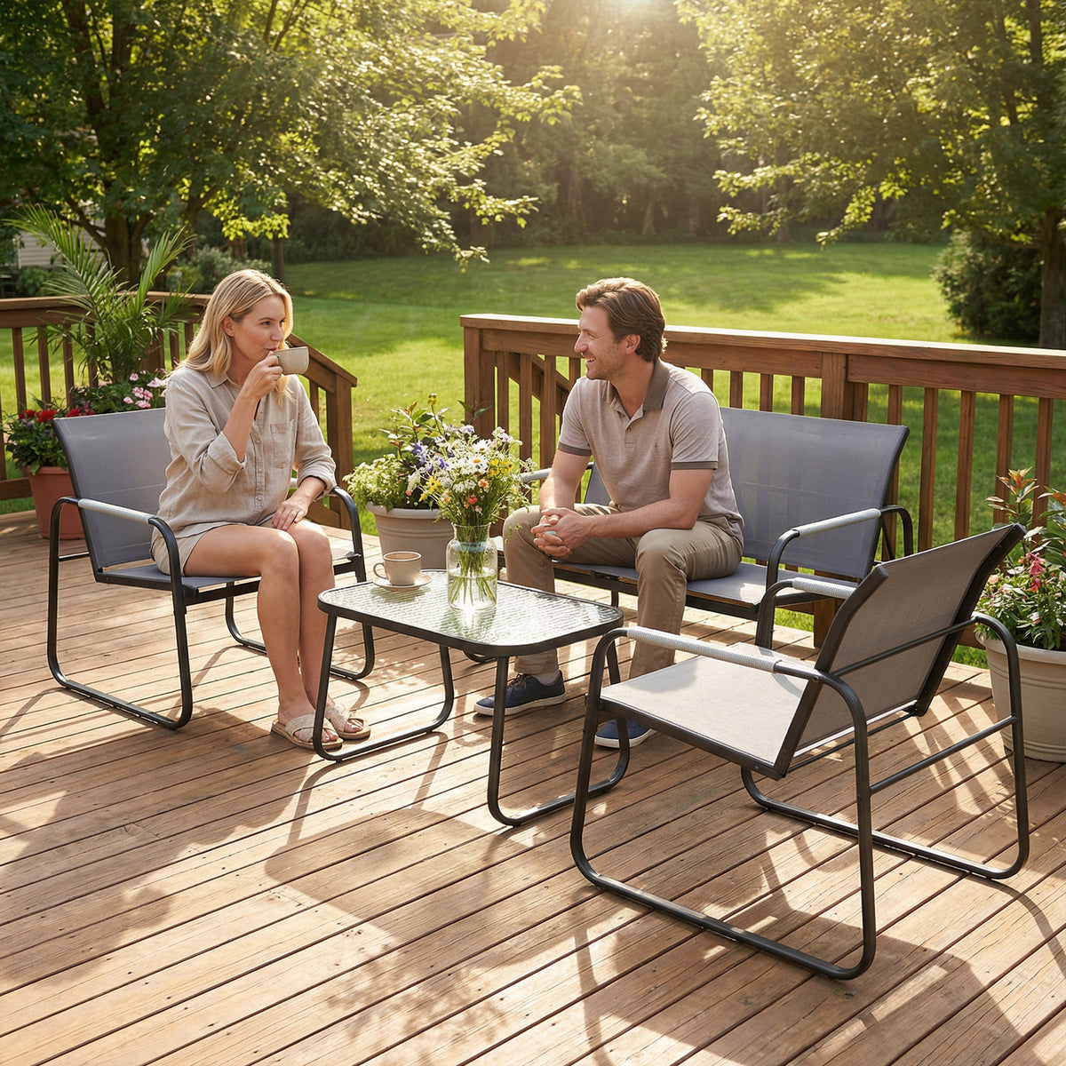 Salon de Jardin Ensemble de Terrasse en Acier et Textilène 4 Pièces avec Accoudoirs Corde Tressée Gris