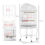 Cage à oiseaux sur roulettes avec étagère plateau amovible 2 bols perchoir acier inoxydable 51 x 51 x 153 cm blanc