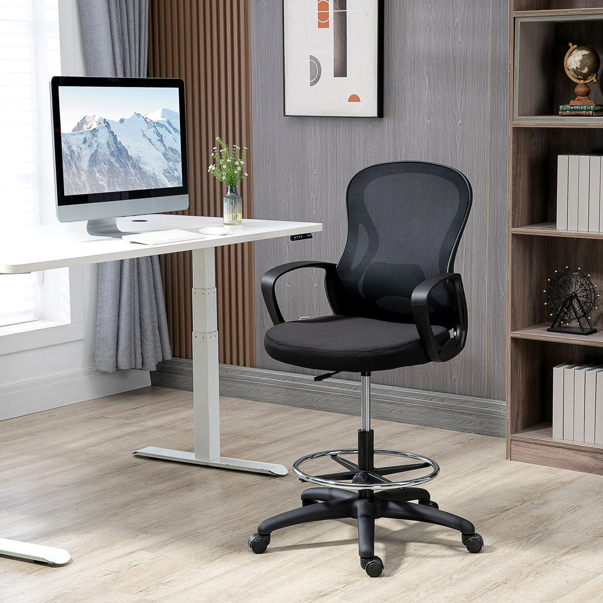 Chaise de bureau assise haute fauteuil de bureau en maille hauteur réglable pivotant avec repose-pied noir
