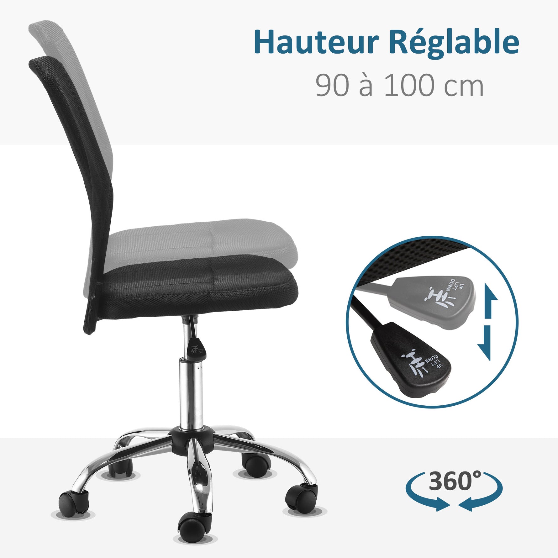 Chaise de Bureau Ergonomique, Fauteuil de Bureau, Hauteur Réglable, Piètement Chromé Noir