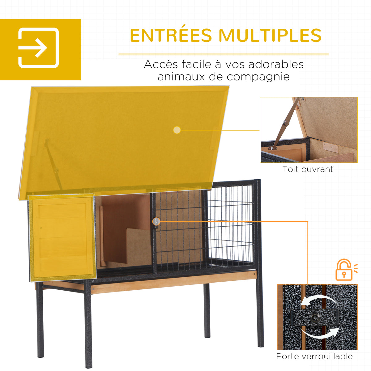 Cage à lapins en bois sur pieds, clapier pour rongeurs, cochons d'inde avec toit ouvrable - dim. 91,5L x 45l x 70H cm