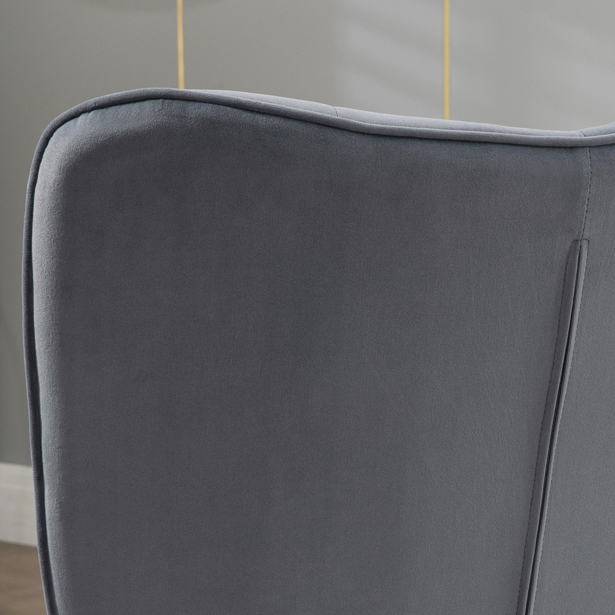 Armchair with footstool, upholstered living room armchair with high backrest, gold steel legs and velvet fabric, dark grey