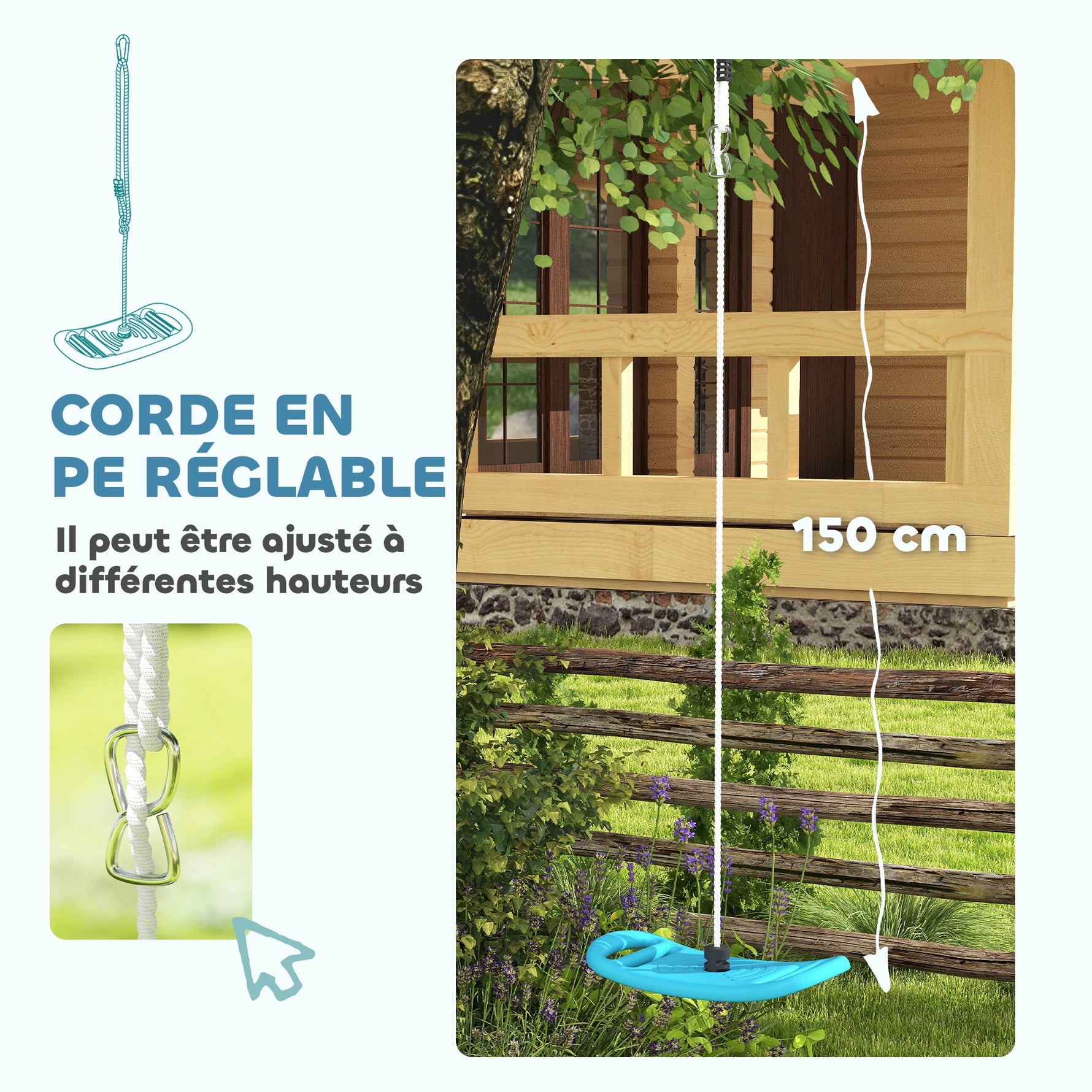 Balançoire enfant extérieur et intérieur avec corde réglable, mousqueton, charge max. 70 kg, bleu