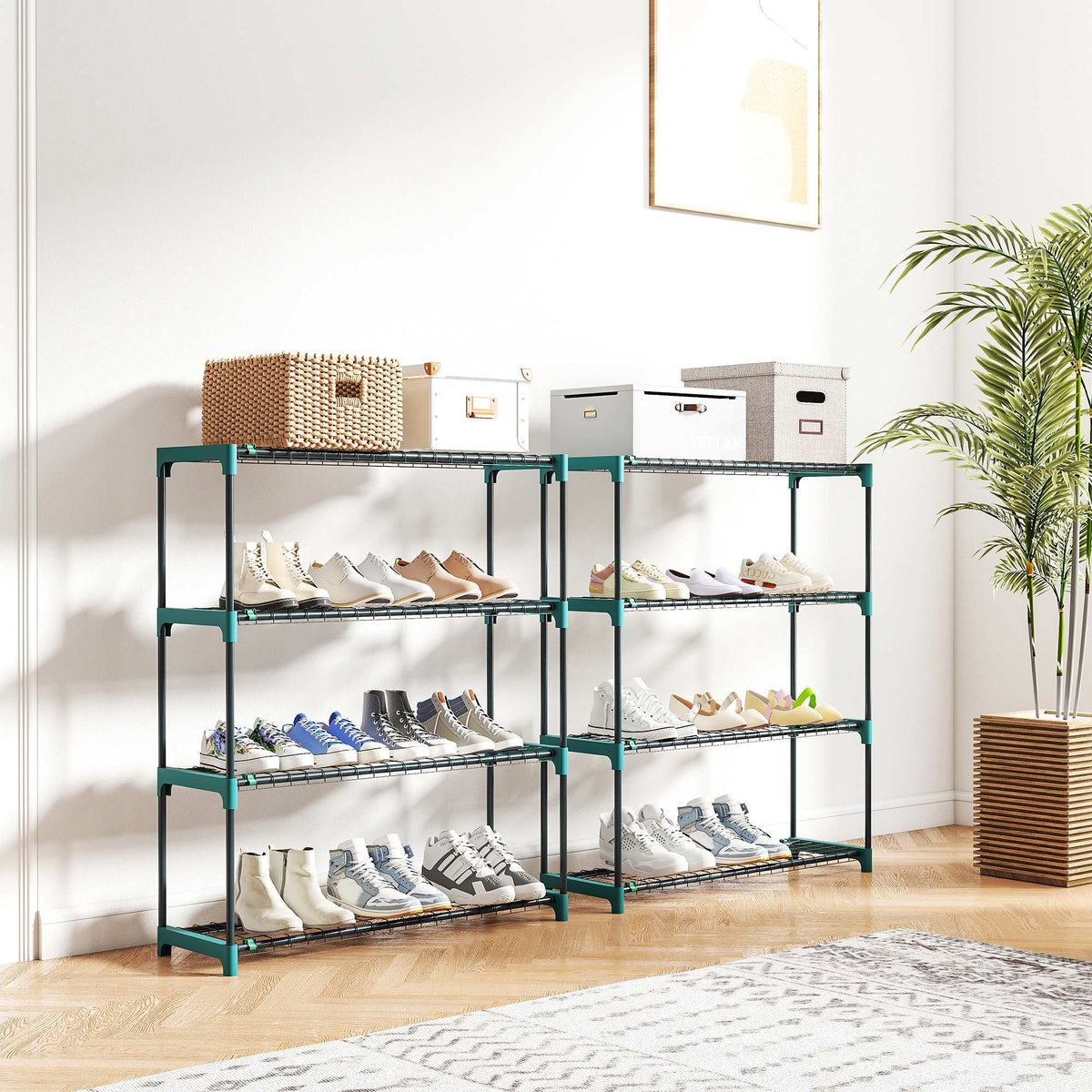 2er-Set Pflanzenregale mit 4 Ebenen für Innen und Außen, Metallhalter für Pflanzen, 90 x 28 x 104 cm, Grün