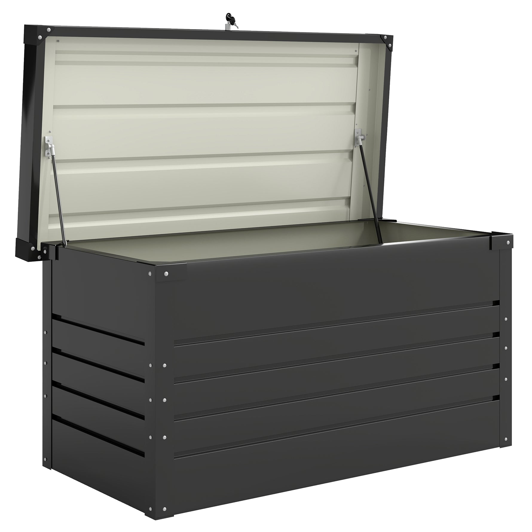 Coffre de rangement métal boîte de jardin 350L double vérins à gaz  verrouillable pour coussins outils gris anthracite