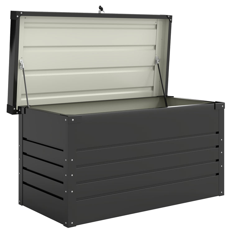 Coffre de rangement métal boîte de jardin 350L double vérins à gaz  verrouillable pour coussins outils gris anthracite