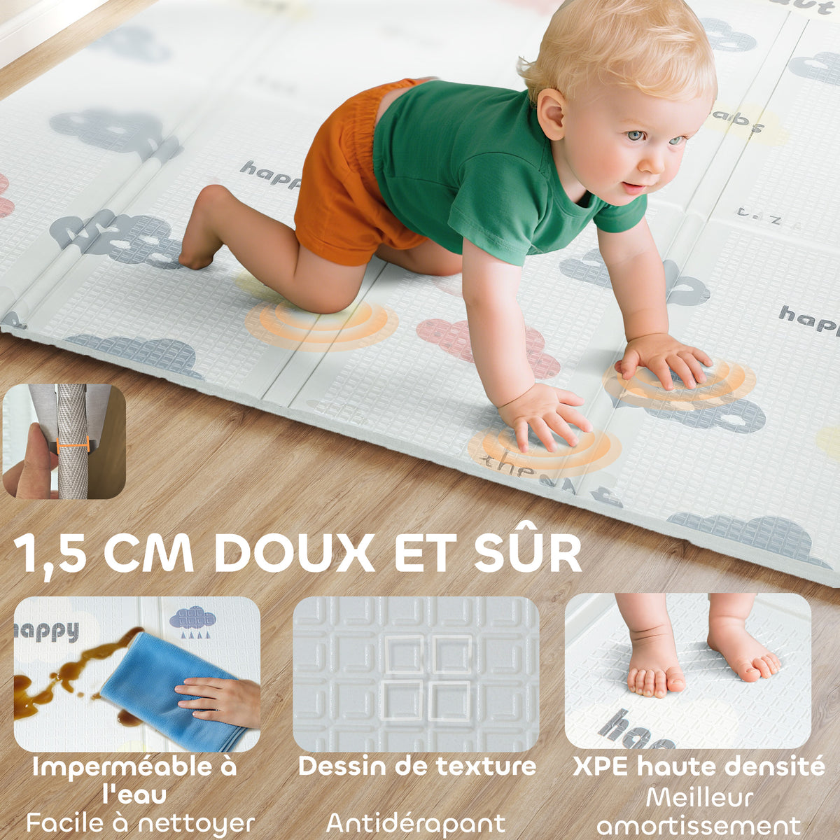Tapis de jeu pour bébé pliable et réversible, tapis de sol en mousse épais, 200 x 180 x 1,5 cm, multicolore