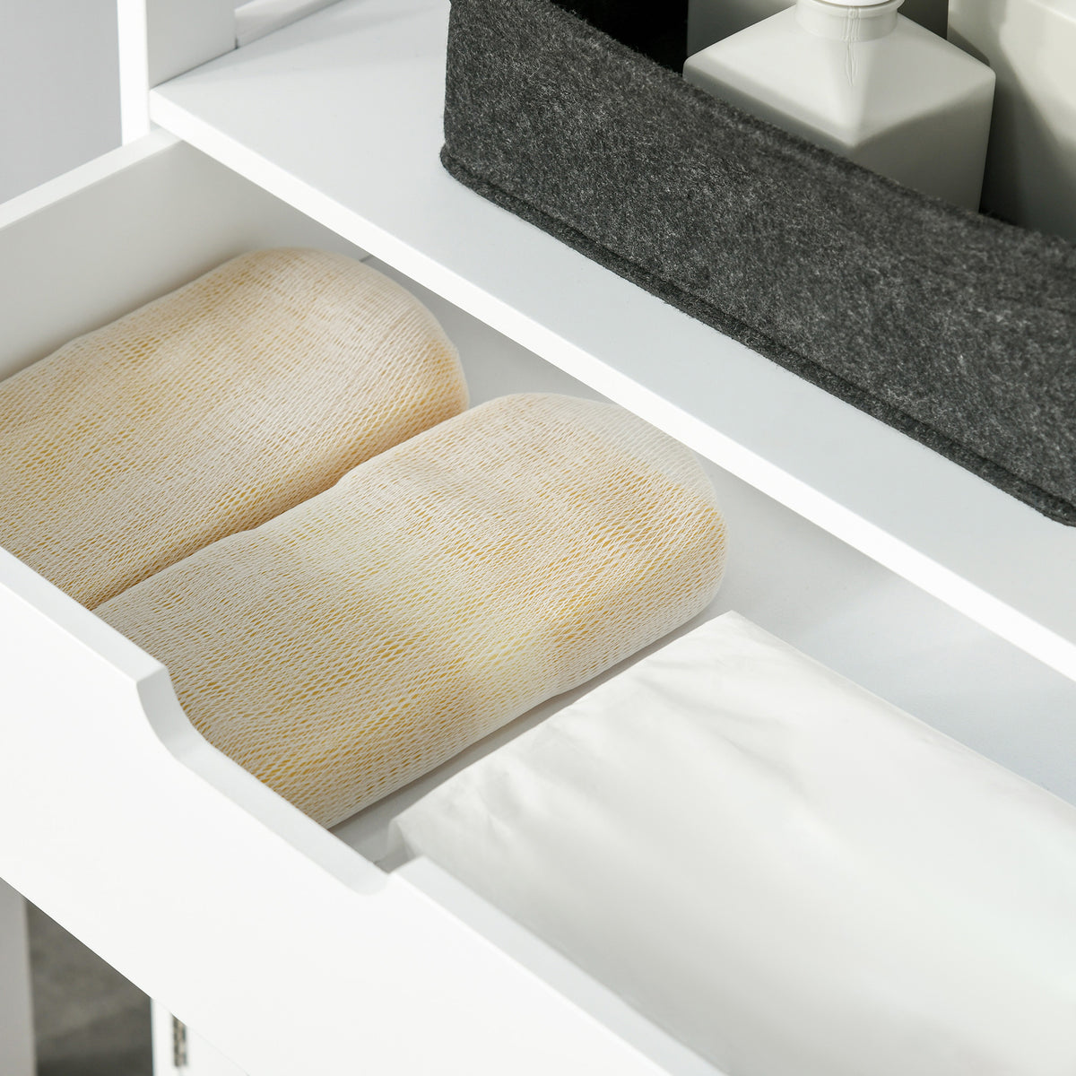 Meuble de Rangement Salle de Bain - 2 Portes, tiroir, 3 étagères - dim. 60L x 33l x 122H cm - MDF Blanc