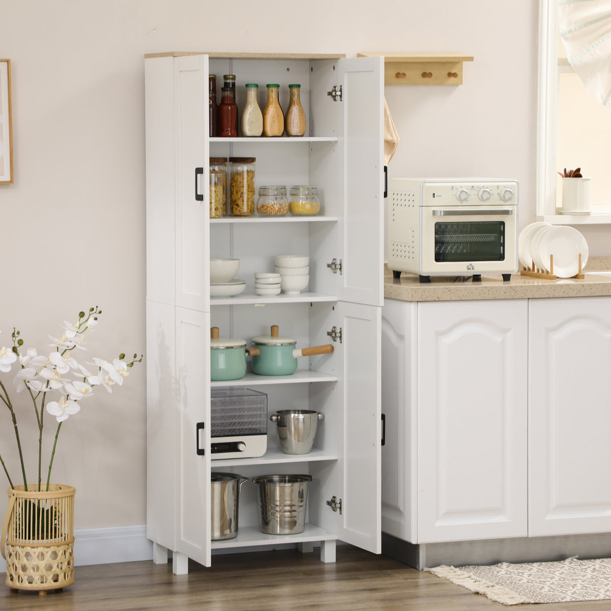 Armoire de cuisine hauteur 170 cm buffet haut avec 4 portes et étagères ajustable, design moderne, blanc