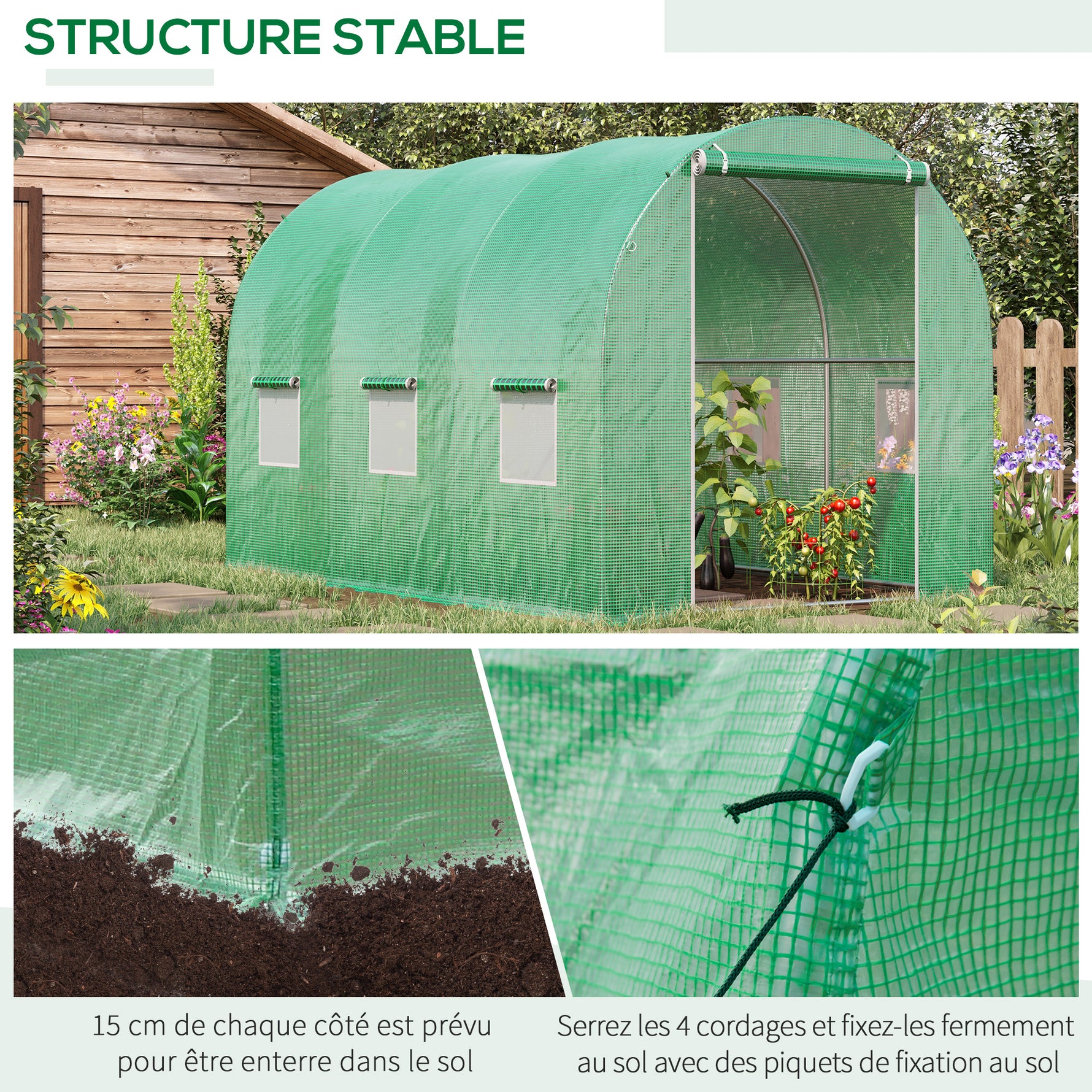 Serre de Jardin Tunnel Surface Sol 6 m² 3L x 2l x 2H m acier Porte zippée 6 fenêtres enroulables Vert