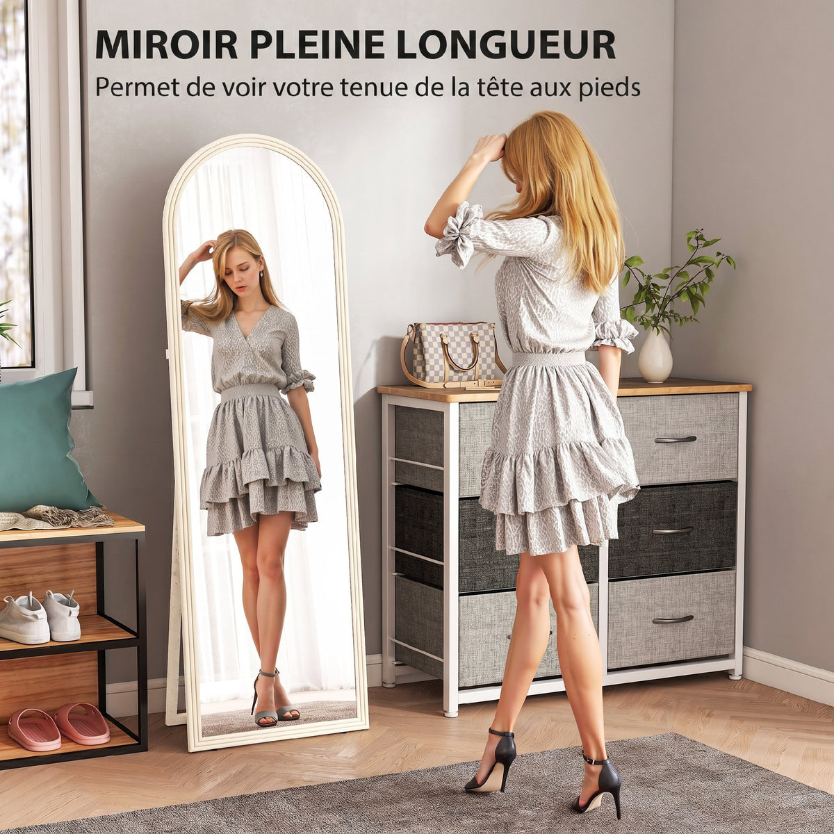 Miroir de sol arqué pleine longueur miroir sur pied cadre en effet imitation pierre pour salon chambre 50 x 160 cm blanc