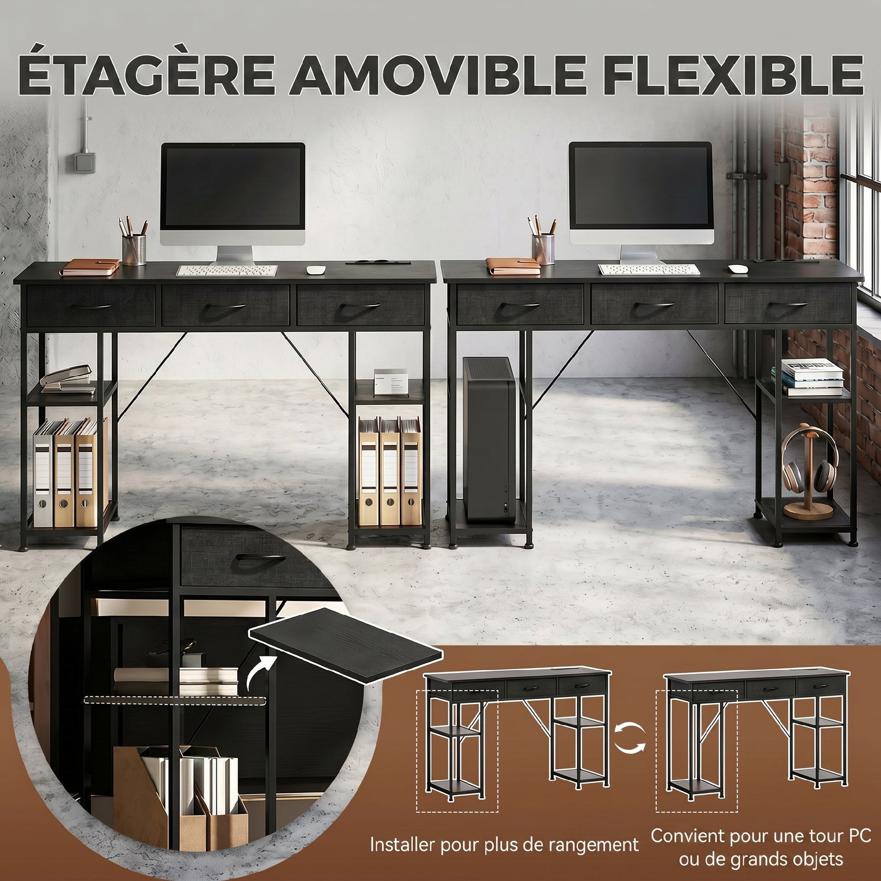 Bureau avec rangement avec prises de courant, 3 tiroirs en tissu et 4 étagères de rangement, 120 x 40 x 76 cm, noir