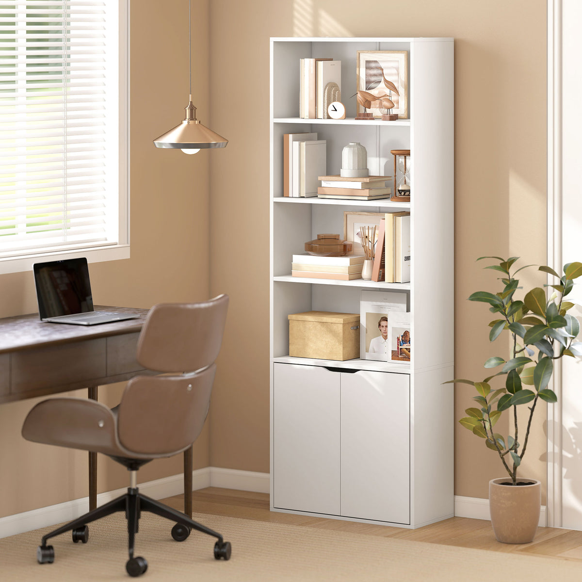 Bibliothèque Armoire à livres avec 4 compartiments ouverts et 2 portes pour le salon et le bureau 59x29x180 cm Blanc