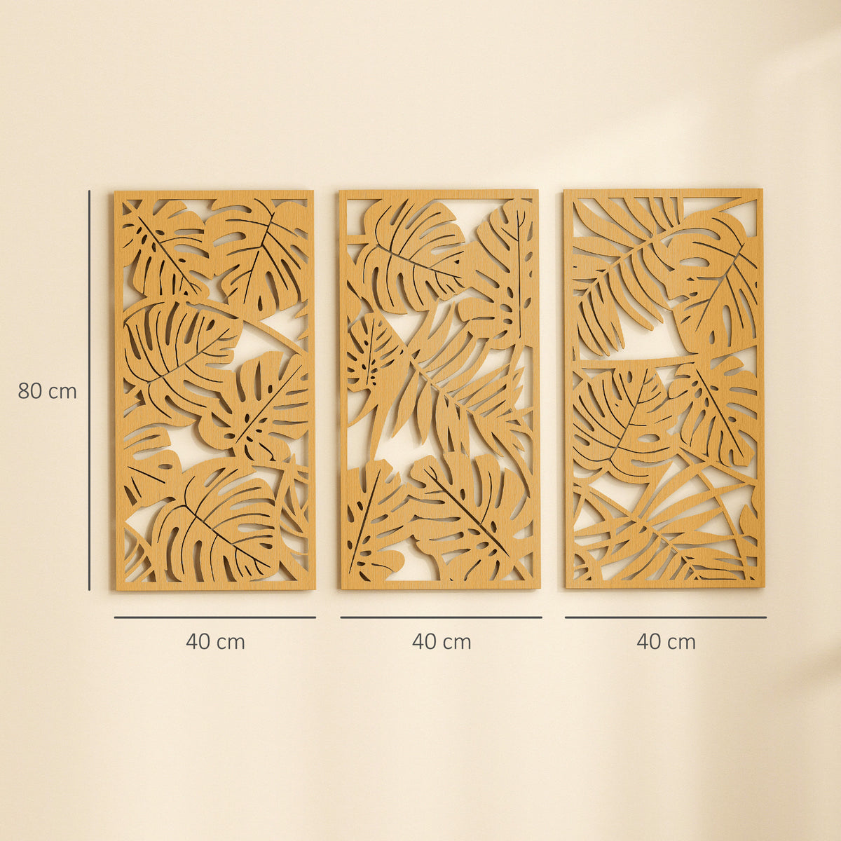 Ensemble de 3 Décorations Murales en Bois 3D, 40 x 80 cm, Feuilles Tropicales, Effet Bois Naturel