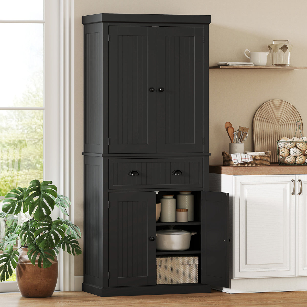Buffet haut cuisine, armoire de cuisine avec 4 portes, tiroir et étagères réglables, 76,2 x 40,2 x 183 cm, noir