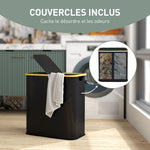 Panier à linge double pliable 80 L corbeille à linge sale avec couvercle, poignées rainurées, noir