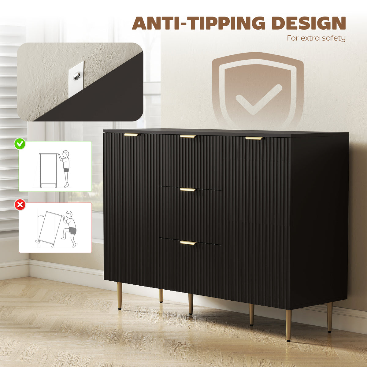 Buffet meuble cuisine rangement avec 3 tiroirs, étagères réglables, placards à portes cannelées, 120 x 40 x 90 cm, noir