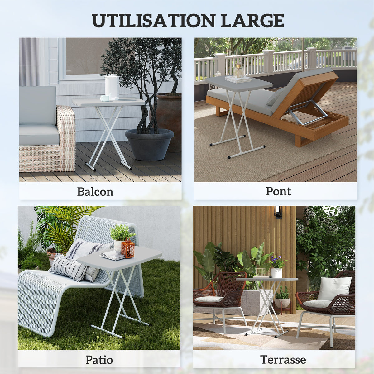 Table d'appoint pliable en HDPE table pliante hauteur réglable sur 6 niveaux pour patios jardins 76 x 50 x 74 cm gris