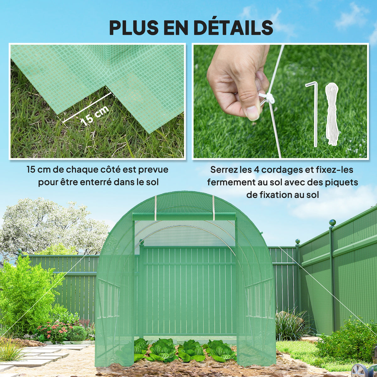 Serre de Jardin Tunnel Surface Sol 7m² 3,5L x 2l x 2H m châssis Tubulaire renforcé Porte zippée 6 fenêtres enroulables Vert