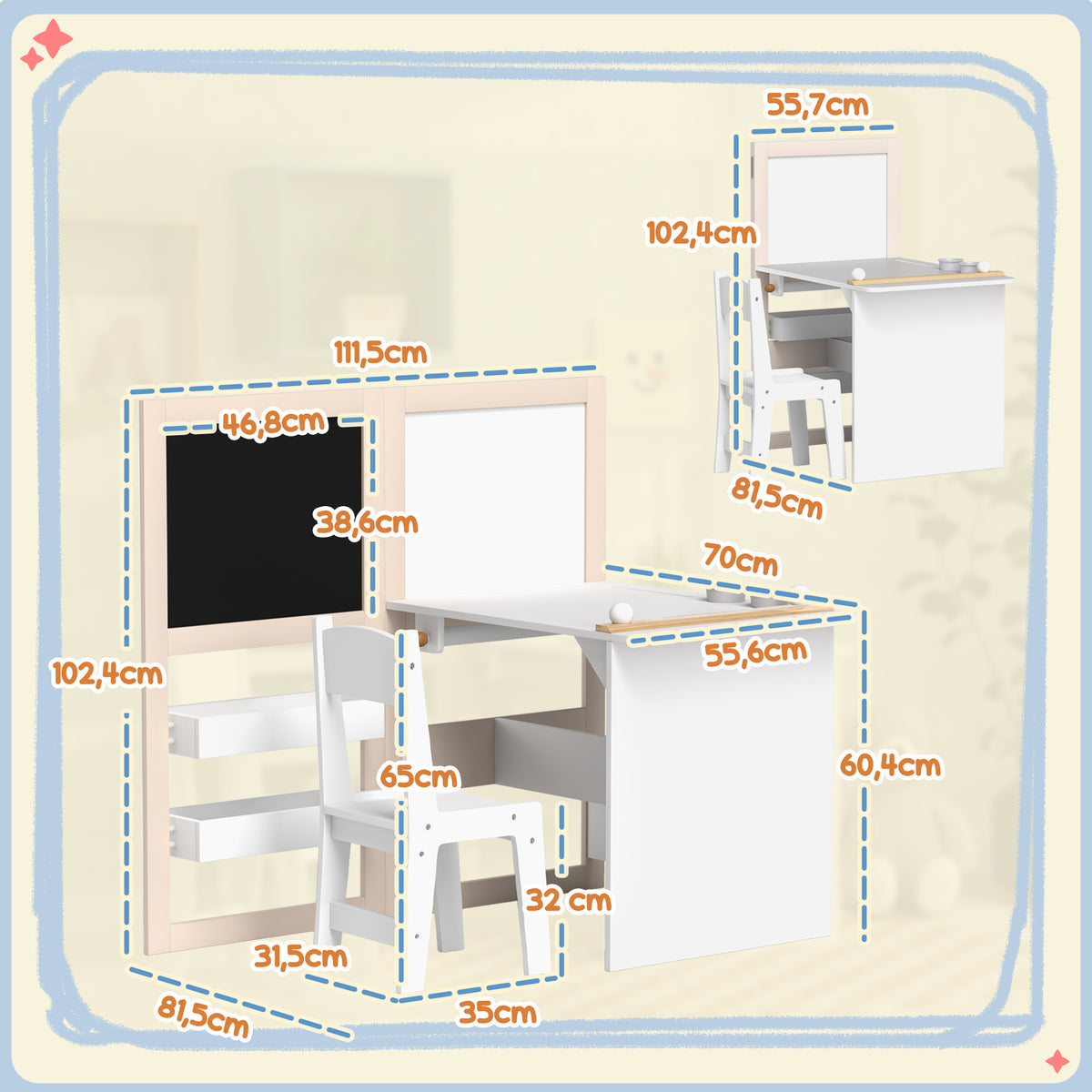 Table enfant avec chaise 3 en 1 avec chevalet pliable étagères de rangement, rouleau de papier - 3 à 8 ans, blanc