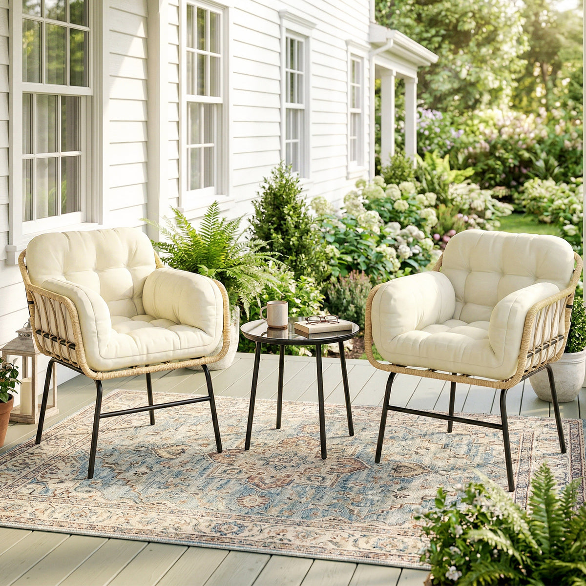 Salon de Jardin Extérieur 3 Pièces en Résine Tressée, Table en Verre Trempé, 2 Fauteuils avec Coussins, 62x73x79cm, Crème