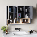 Meuble salle de bain avec miroir, armoire toilettes murale avec placards à 3 portes et 8 compartiments, gris
