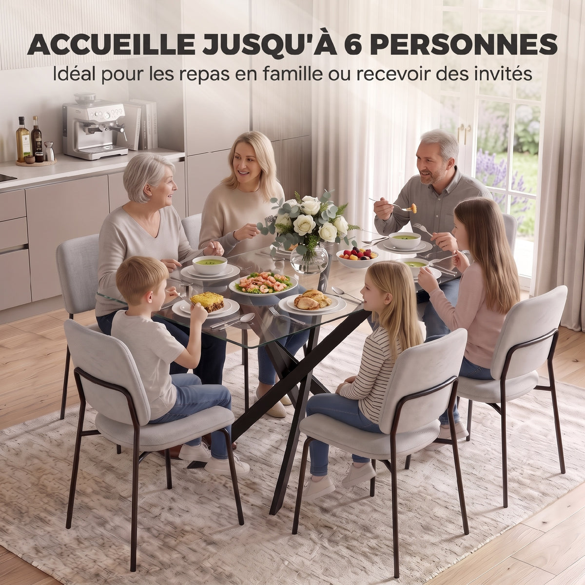 Mesa de Cocina, Tablero de Vidrio Templado, Base Cruzada de Acero, Estilo Moderno, para Comedor, Cocina, Sala de Estar