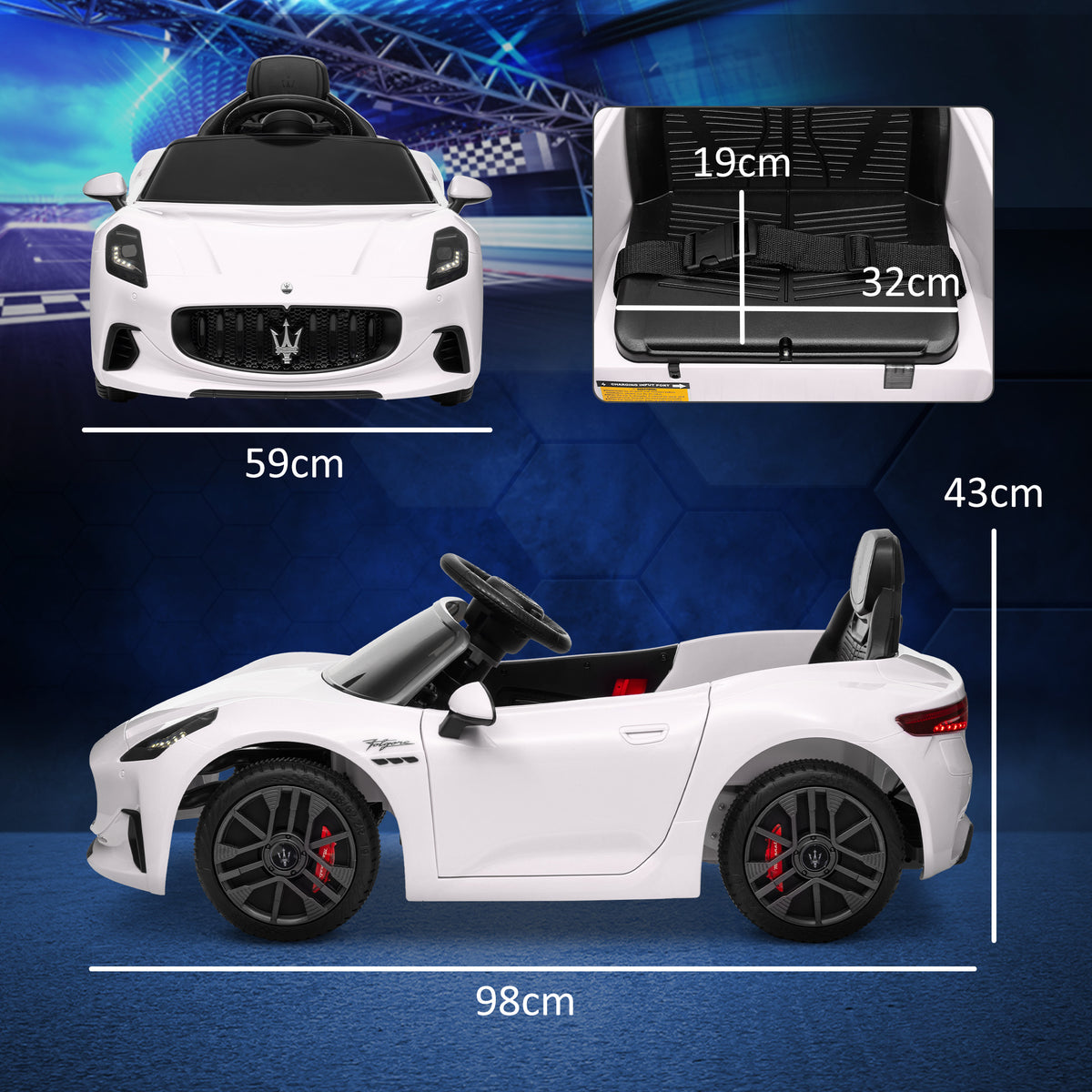 Elektrische auto voor kinderen met Maserati Gran Turismo Folgore-licentie, 12V met afstandsbediening, van 3 tot 5 jaar, wit