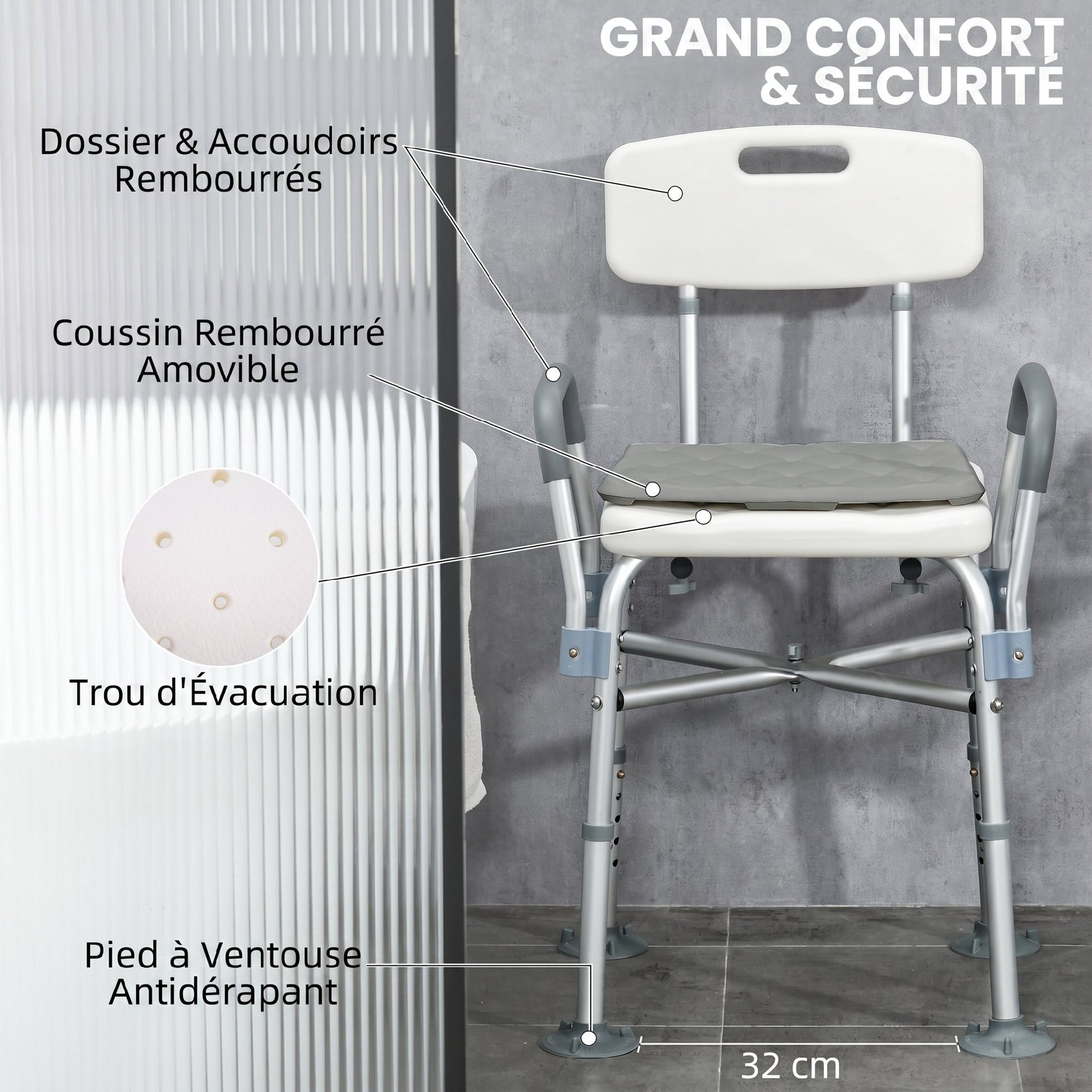 Tabouret de Douche Réglable en Hauteur à 5 Niveaux, Chaise de Douche, Accoudoirs Rembourrés et Coussin Amovible, Gris