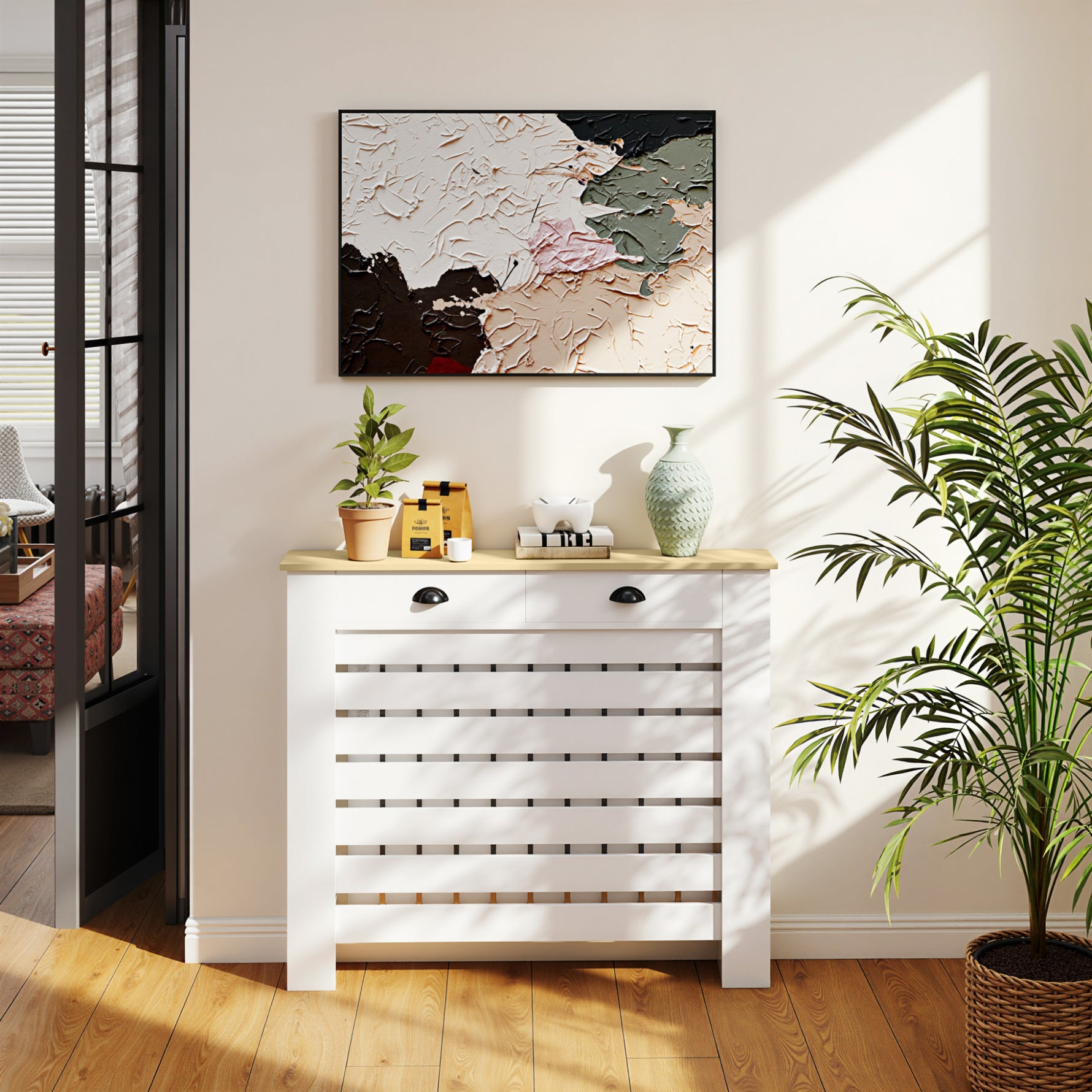 Couvercle de radiateur cache radiateur grille à lattes horizontales avec 2 tiroirs en bois 111l x 19P x 95,5H cm blanc