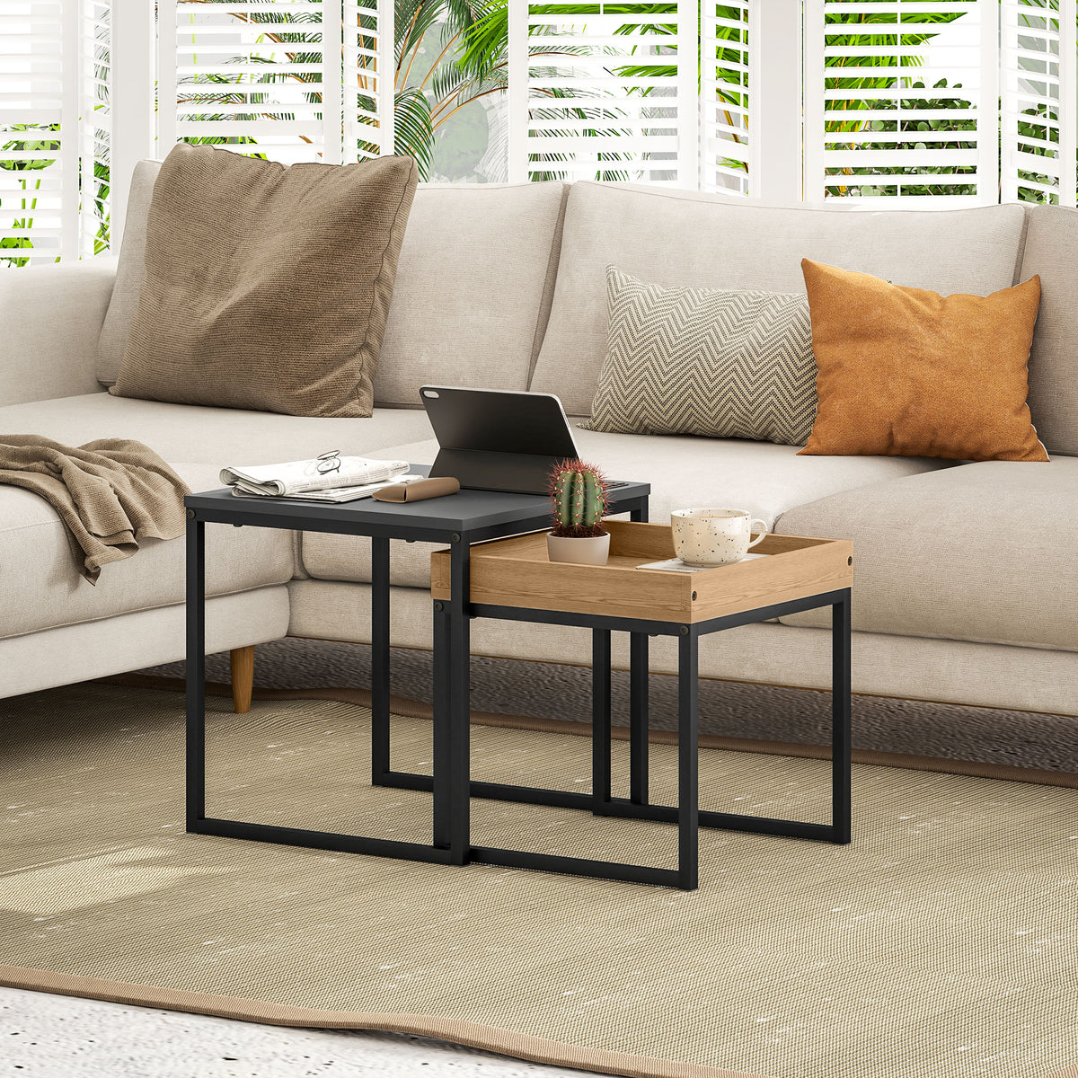 Set van 2 vierkante nesttafels, salontafels met stalen frame, moderne stijl, zwart
