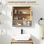 Armoire murale salle de bain avec miroir, meuble salle de bain avec compartiment ouvert et étagère réglable, chêne