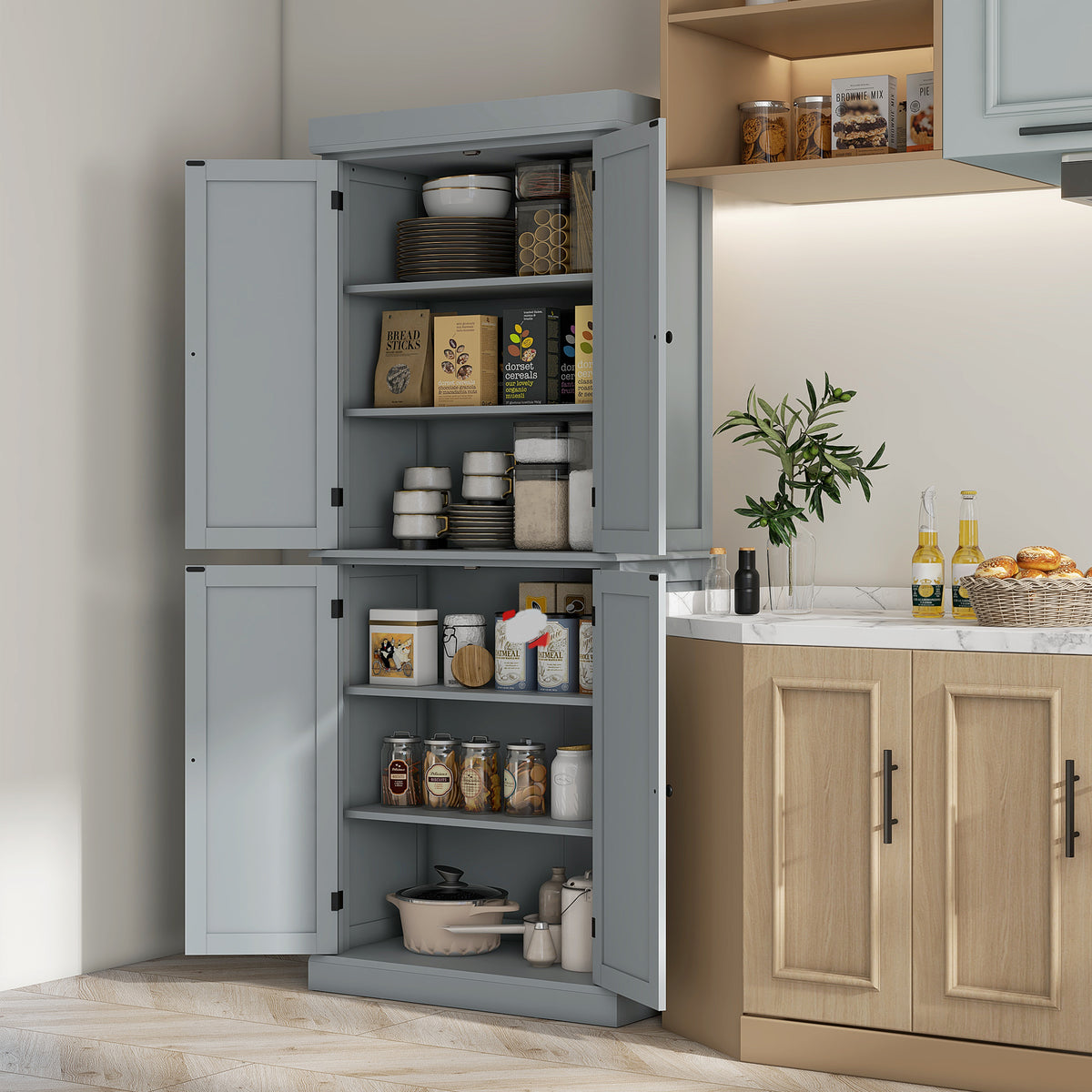Armoire de cuisine buffet cuisine style moderne avec placards, étagères réglables, 76 x 40,5 x 184 cm, gris
