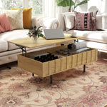Table Basse Relevable avec 2 Compartiments Cachés et Latéraux Cannelés, Style Mid-Century Modern, 110x55x36,5cm, Chêne