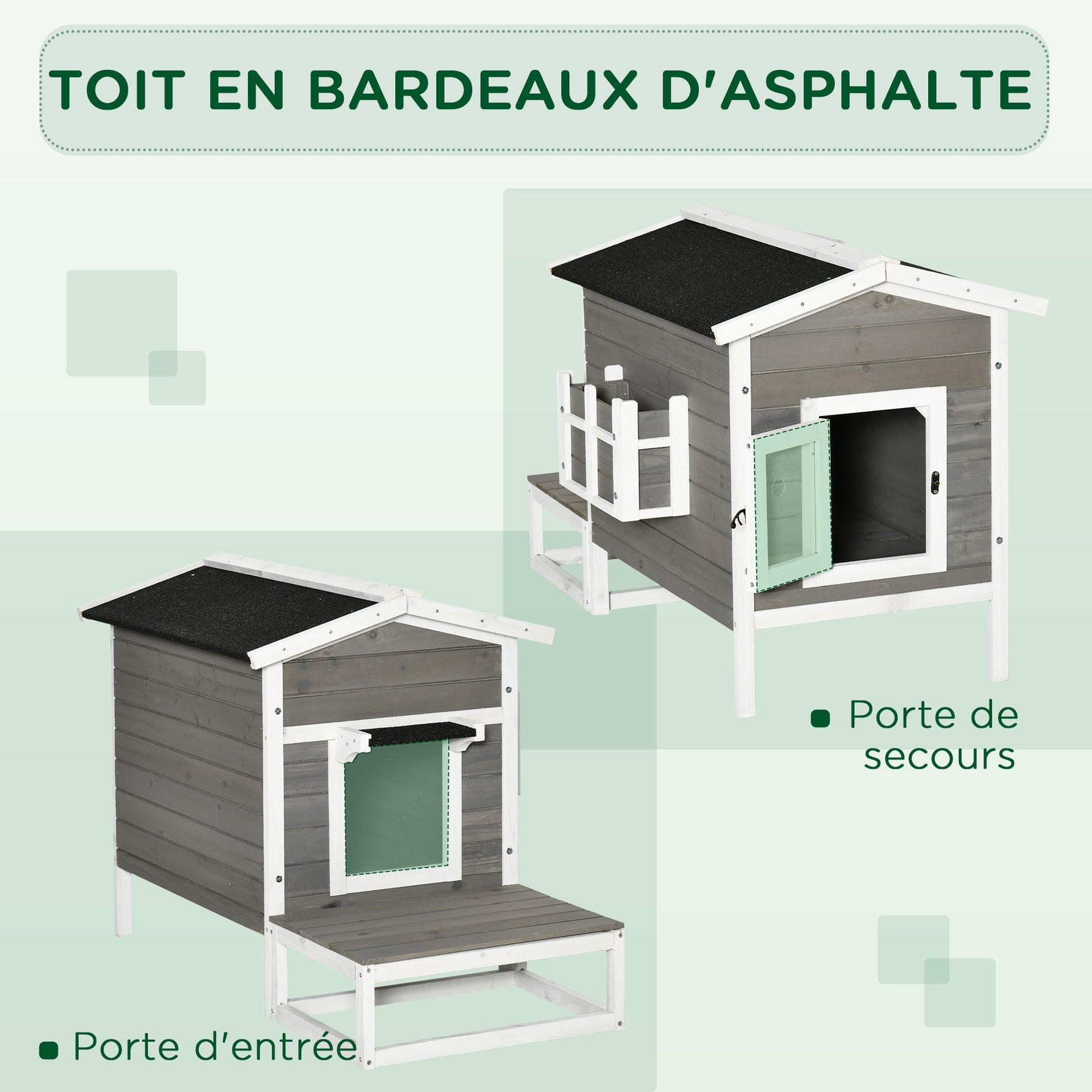Maisonnette pour chats niche extérieure surélevé avec terrasse étanche en bois, dim. 115L x 66,5P x 74,7H cm, gris