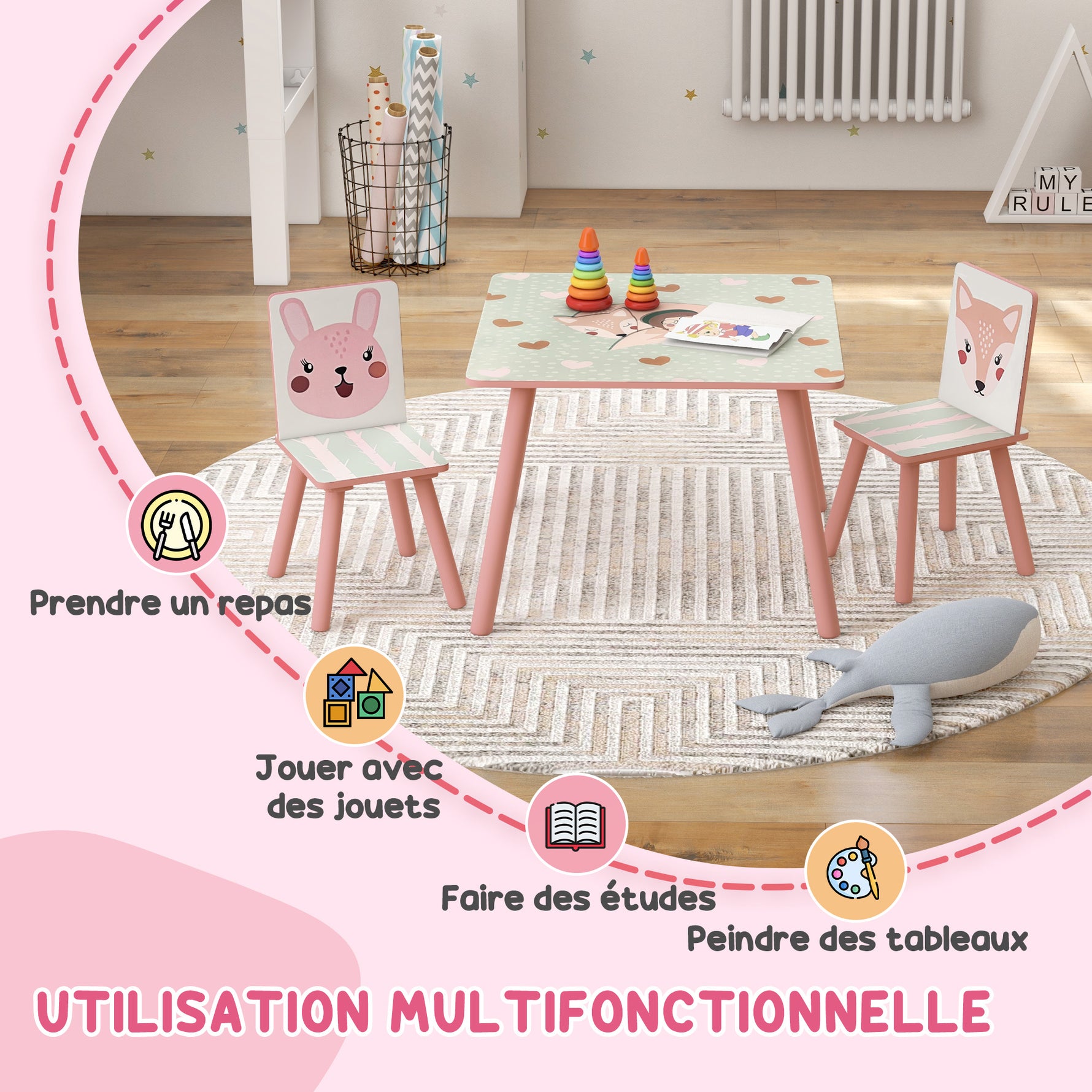 Ensemble table et chaises pour enfants, table pour enfant avec 2 chaises, motif animaux pour chambre à coucher rose