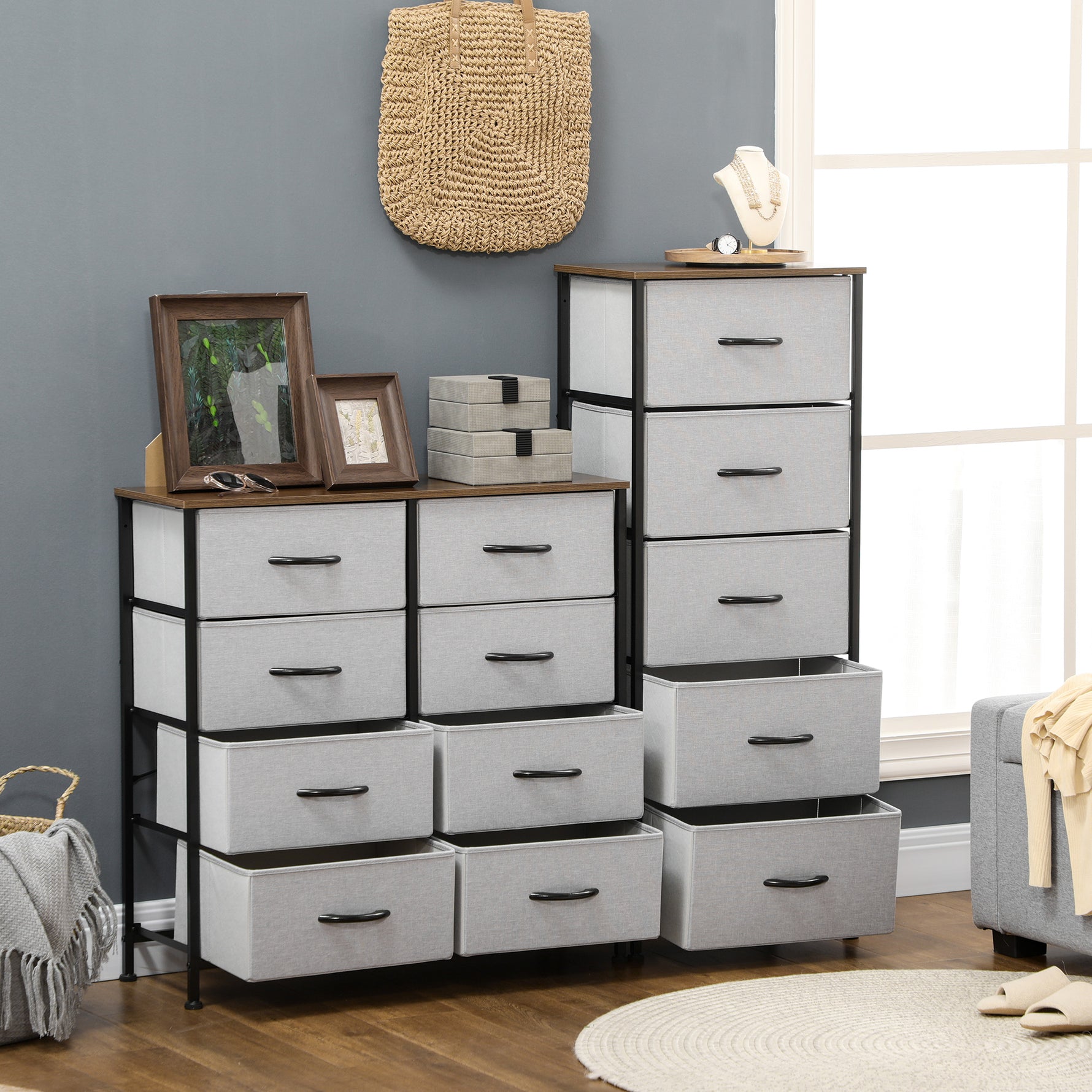Commode 5 tiroirs meuble de rangement tiroir en tissu pliant - structure acier noir - 45 x 30 x 116 cm gris