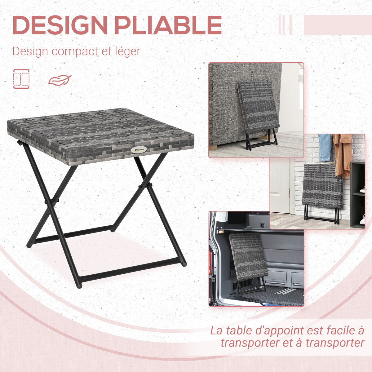 Table basse pliable de jardin style cosy chic dim. 40L x 40l x 40H cm métal époxy résine tressée imitation rotin gris