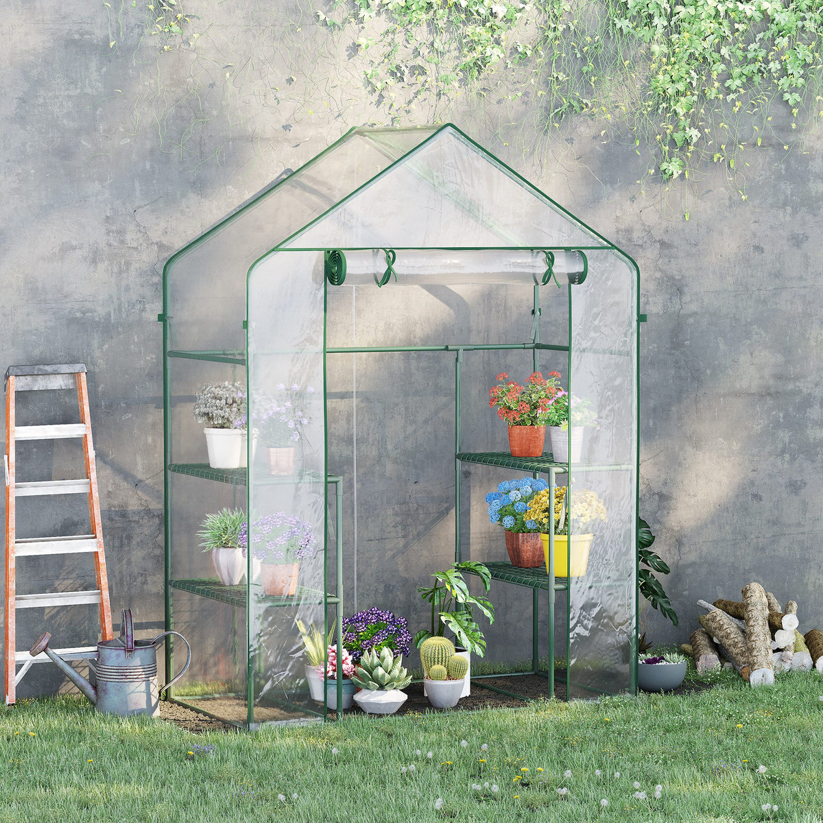 Serre de jardin 4 tablettes acier PVC haute densité 140 g/m² anti-UV 142 x 73 x 195 cm transparent vert