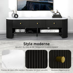Meuble TV 140 cm, meuble télé pour téléviseur 65 pouces effet marbre avec 3 tiroirs façades à cannelures 2 étagères noir
