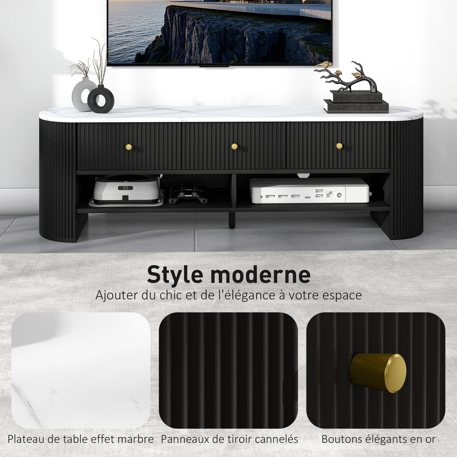 Meuble TV 140 cm, meuble télé pour téléviseur 65 pouces effet marbre avec 3 tiroirs façades à cannelures 2 étagères noir