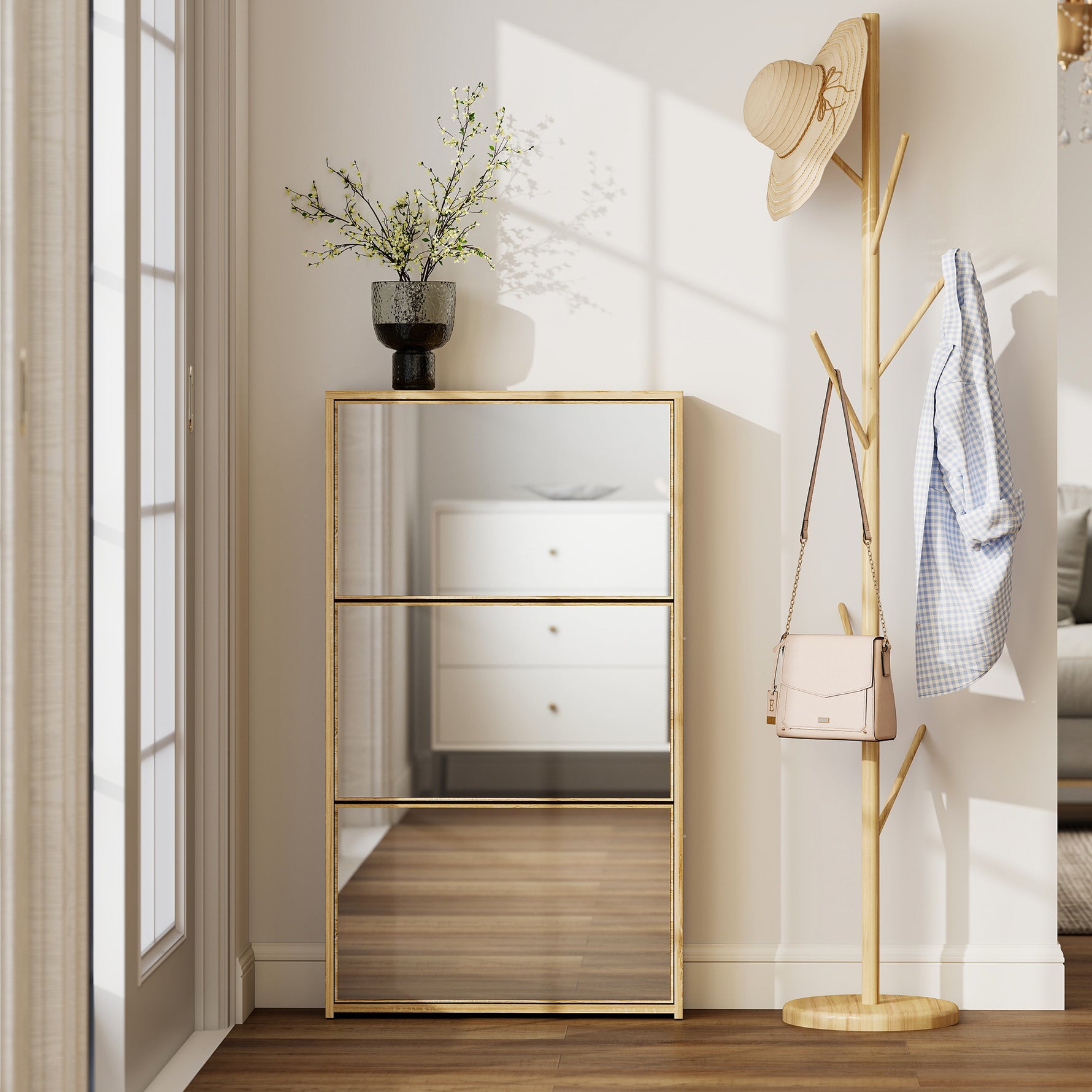 Meuble à chaussures 9 paires, armoire à chaussures étroite, 3 tiroirs rabattables portes miroirs, 65x17x114,5cm naturel