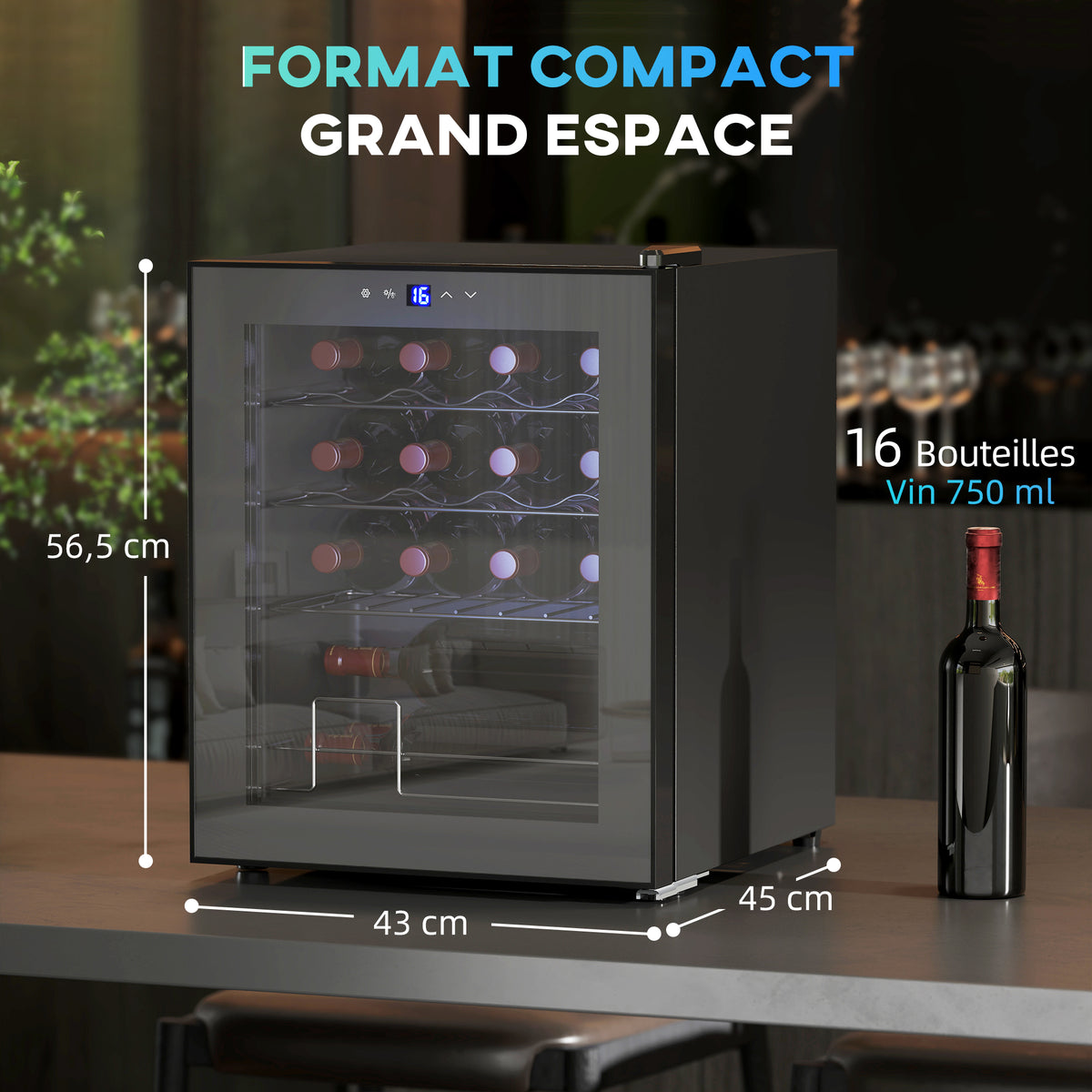 Cave à vin 16 bouteilles 42L, réfrigérateur à vin et boissons avec température réglable 5-18°C, porte en verre, noir