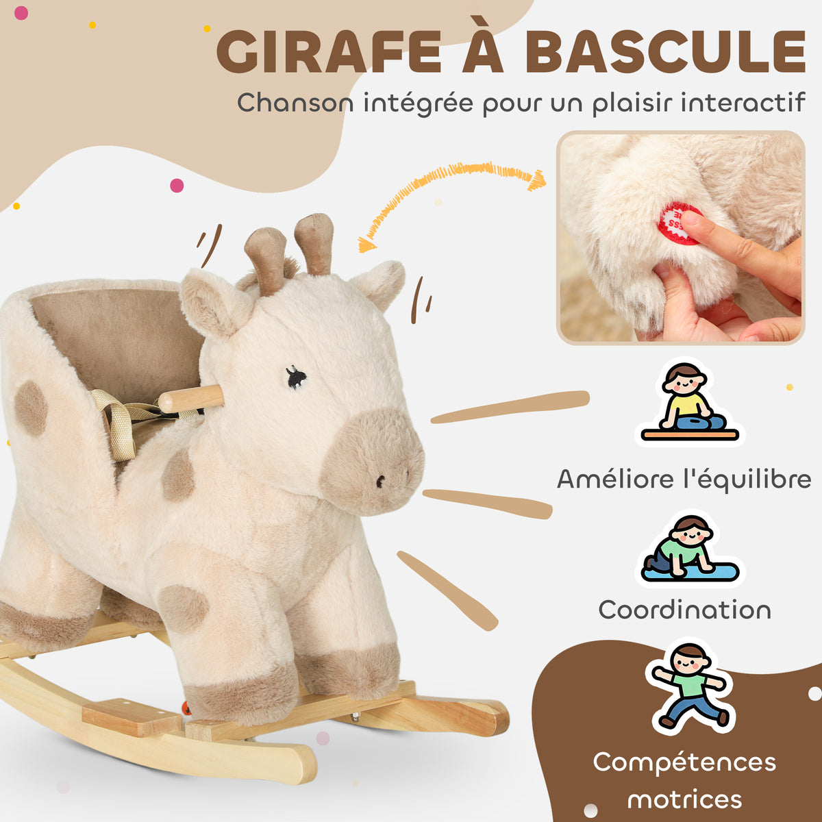 Cheval à bascule pour enfants girafe jouet à bascule bébé avec effet sonore, ceinture de sécurité, 68x35x50cm, beige